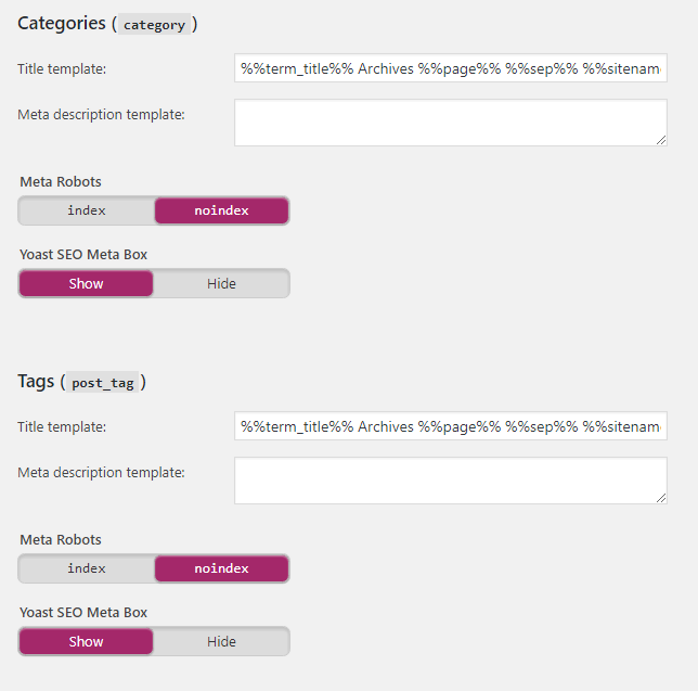 yoast categories tags settings