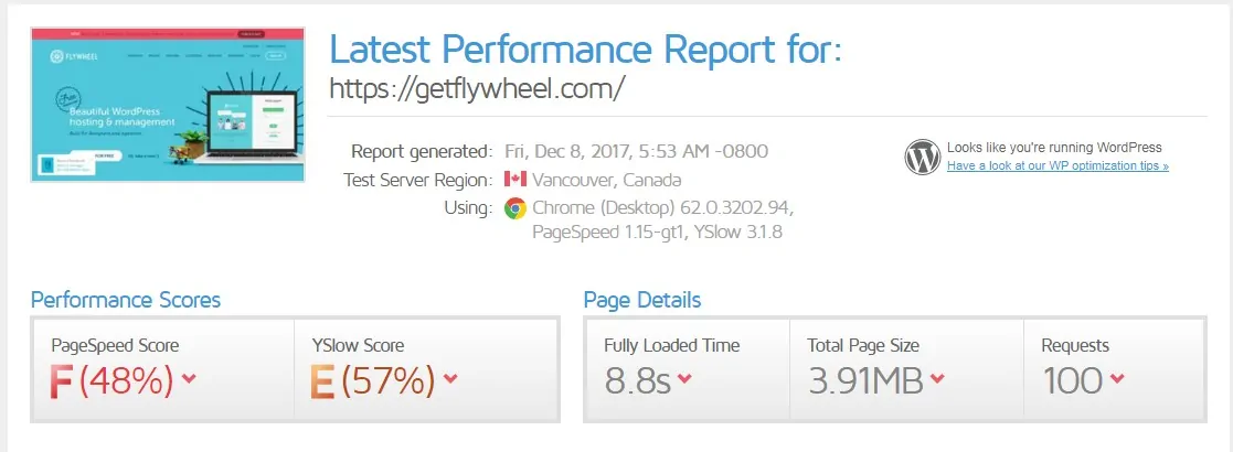 Flywheel Homepage Speed Test