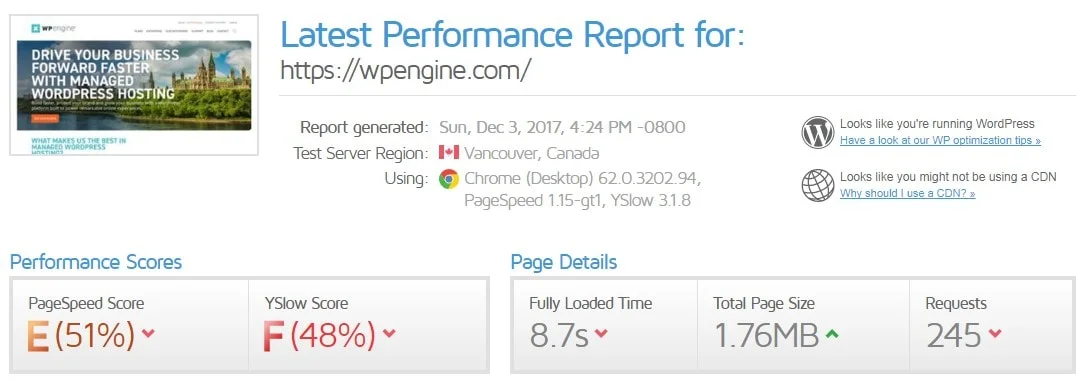 WP Engine Homepage Speed Test
