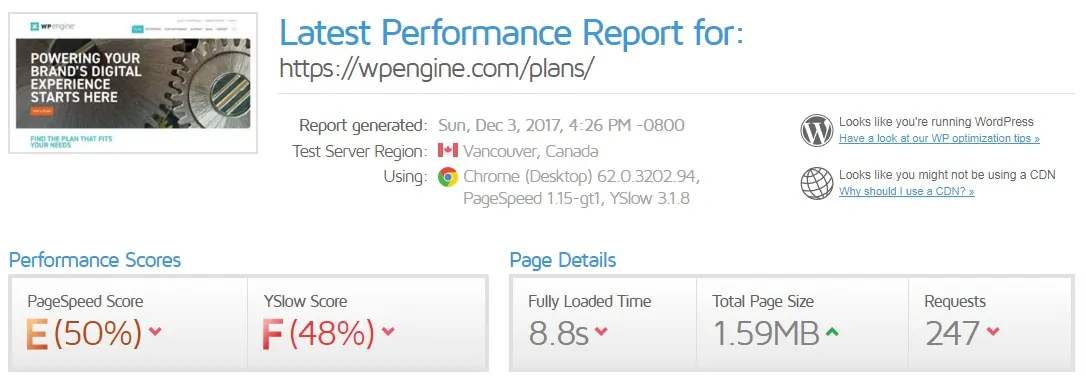 WP Engine Pricing Page Speed Test