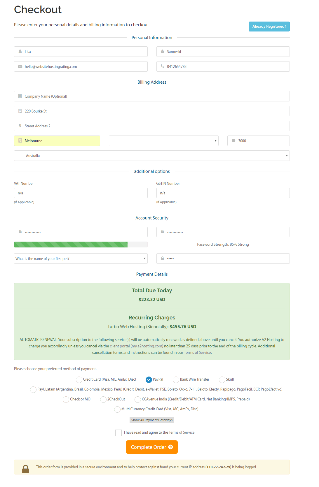 a2 hosting checkout