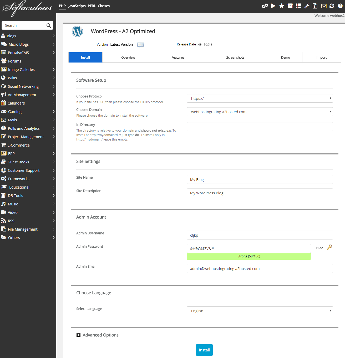 a2 hosting wordpress softaculous