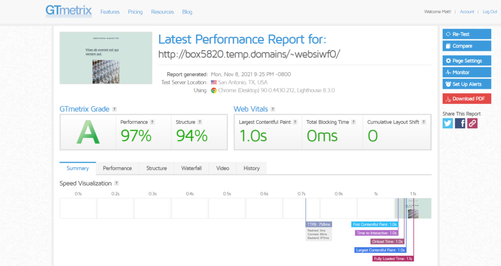 bluehost gtmetrix speed