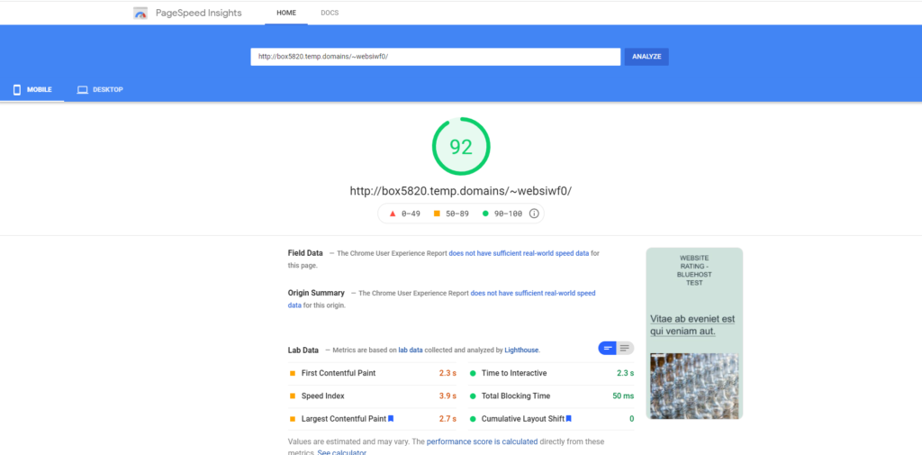 bluehost google pagespeed insights