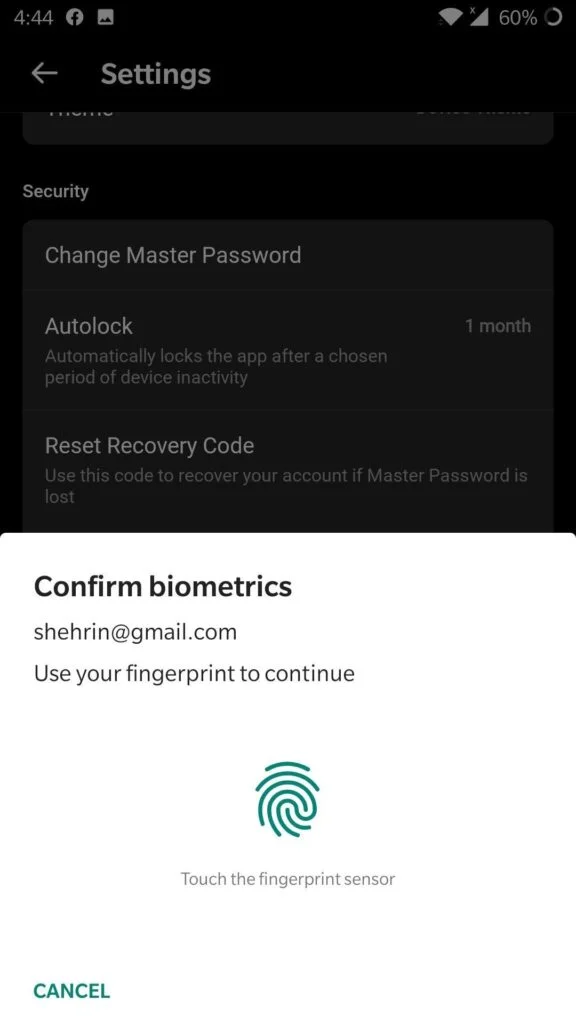 Biometric Authentication settings