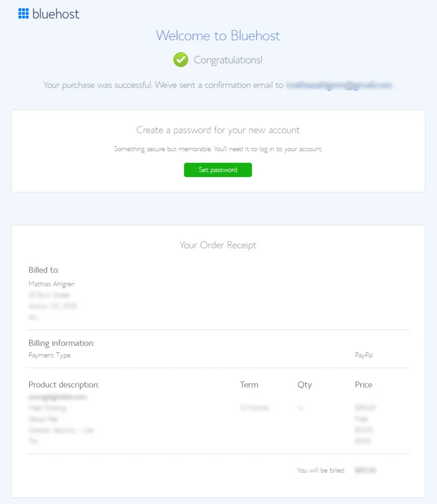 bluehost order confirmation