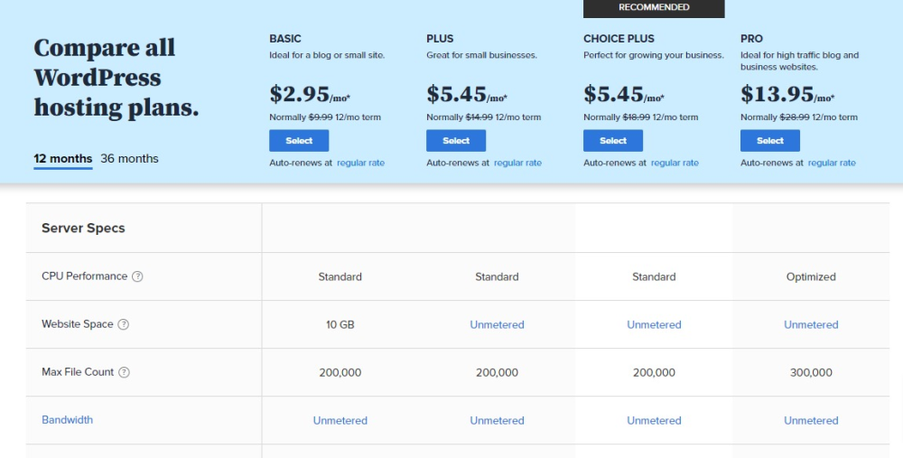 bluehost wordpress hosting pricing