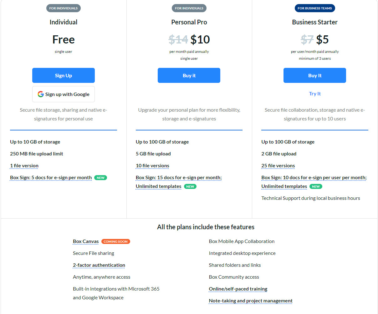 box.com pricing plans
