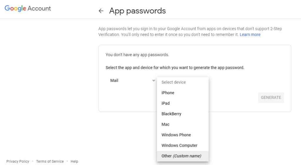 google app passwords