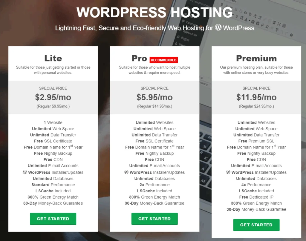 greengeeks wordpress hosting plans