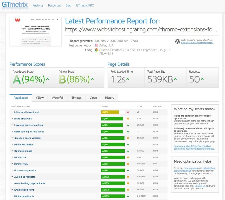 gtmetrix speed report