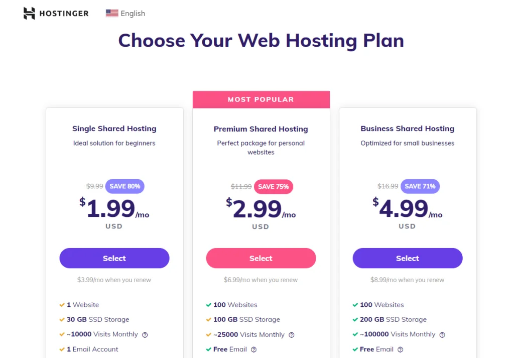hostinger shared hosting plans