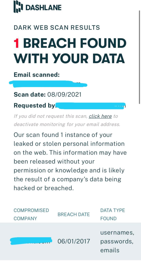 dashlane dark web scan
