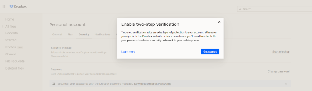 dropbox two step verification