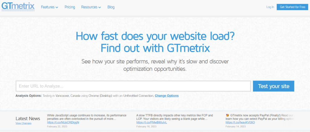 GTmetrix page load times performance testing