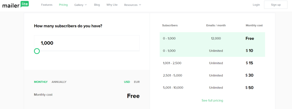 mailerlite pricing
