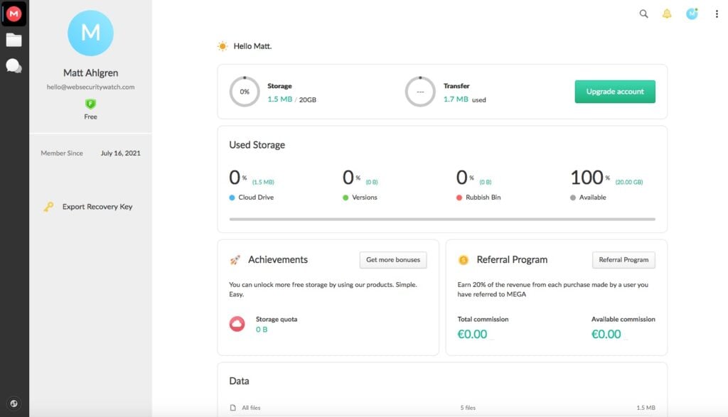 mega.nz dashboard