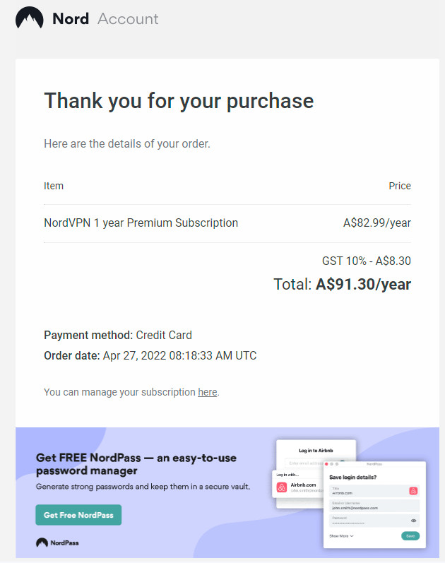 nordvpn purchase receipt