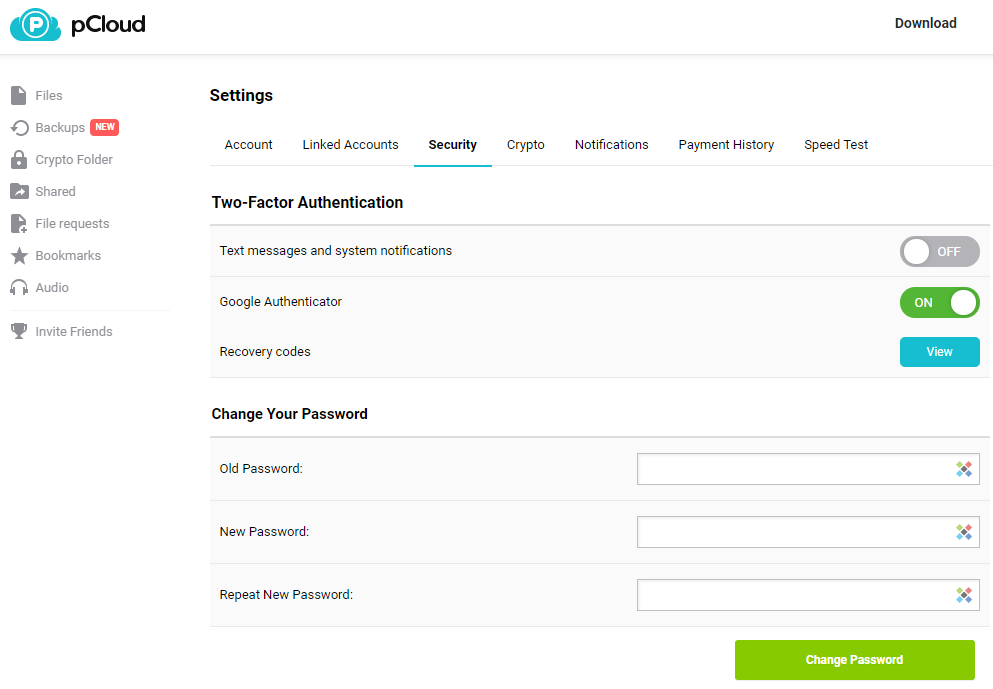 pcloud security settings