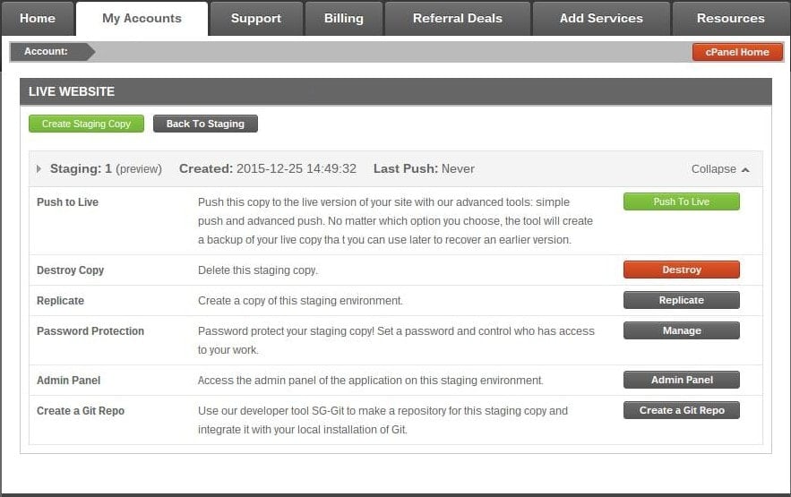 siteground one-click wordpress staging