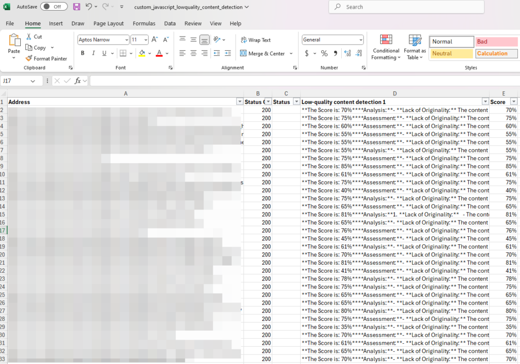 Screaming Frog OpenAI content scores in Excel