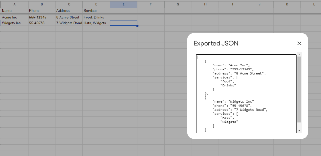 csv to json code output