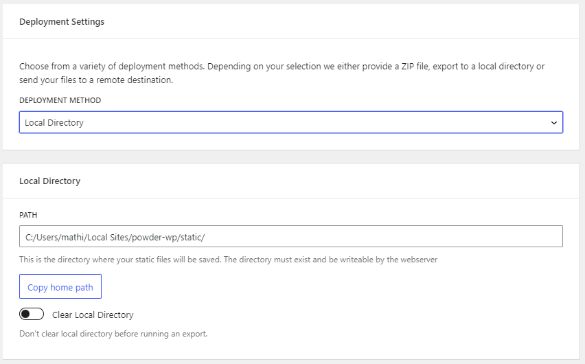 Simply Static Deployment Settings