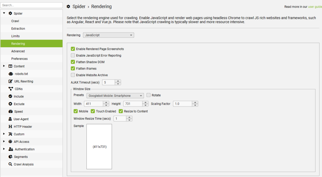 Enable ScreamingFrog JavaScript Rendering