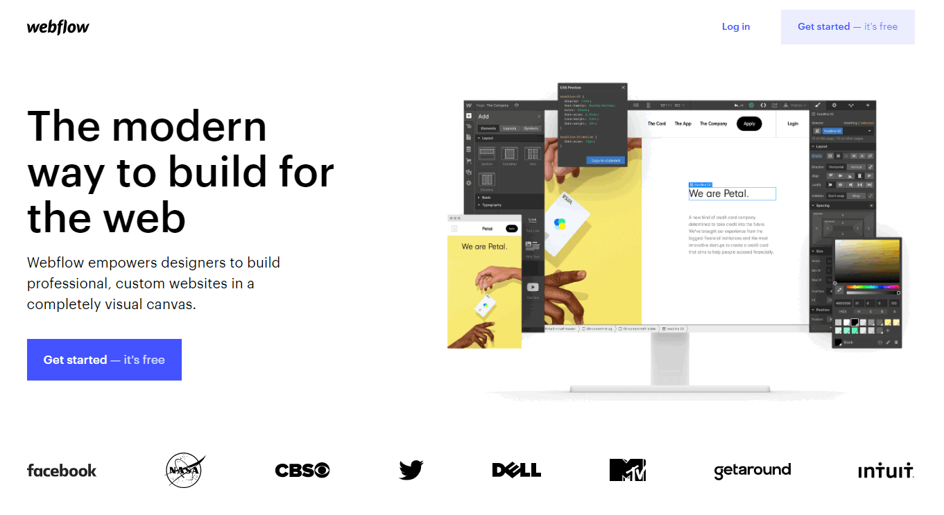 Webflow homepage showcasing its visual editor and design capabilities