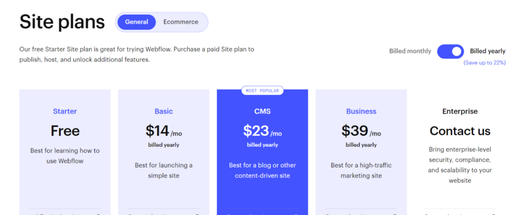 webflow pricing and plans