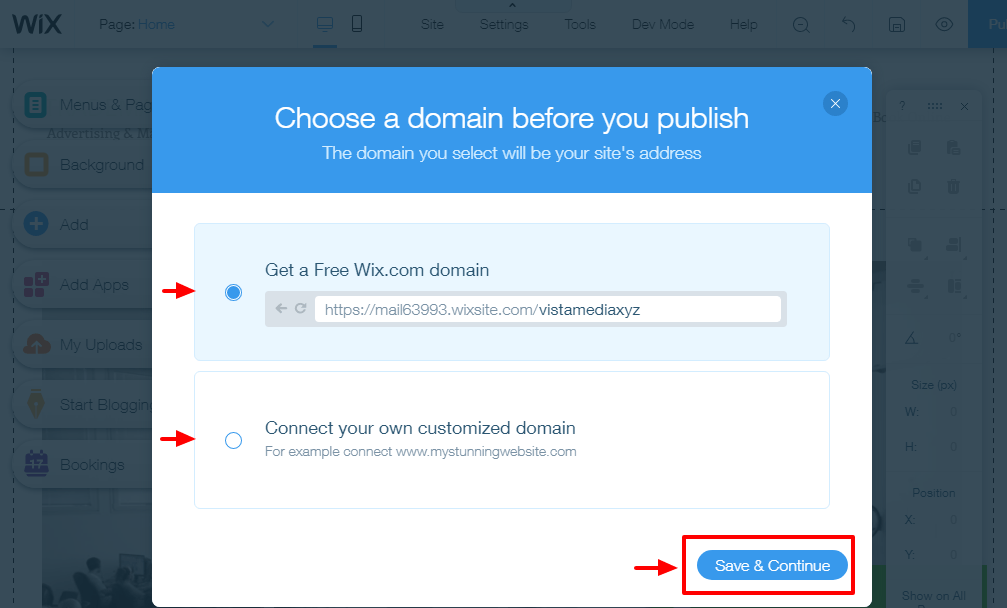 wix choose domain page