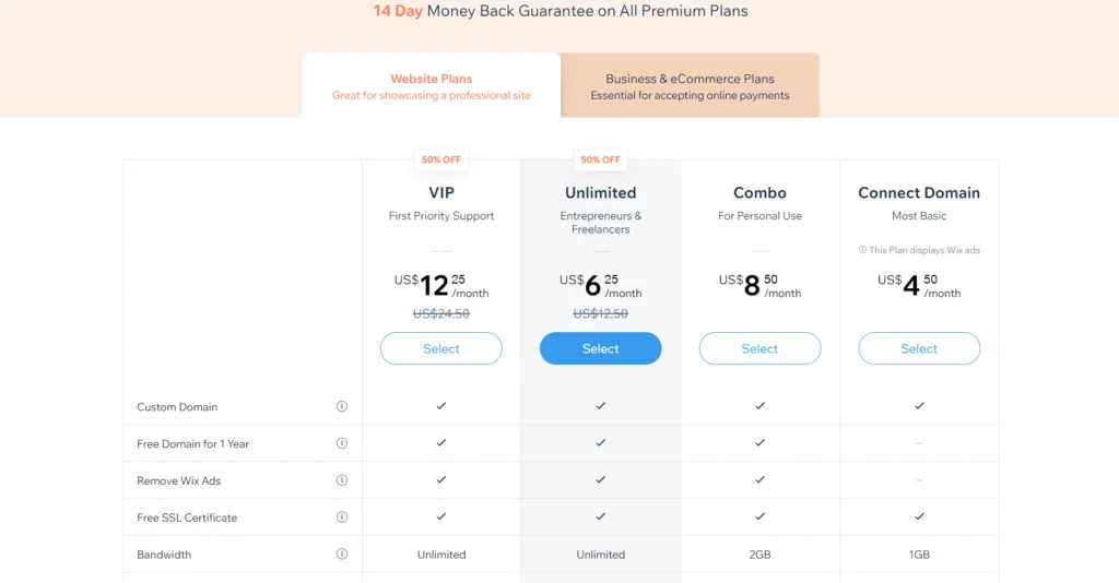 Wix Website Plans and Pricing