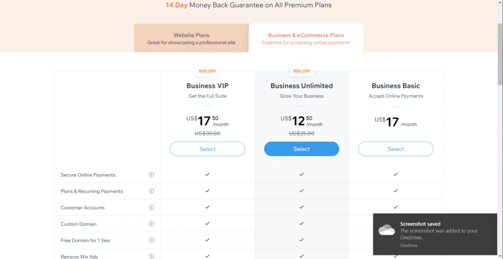 Wix Business and E-commerce Plans and Pricing
