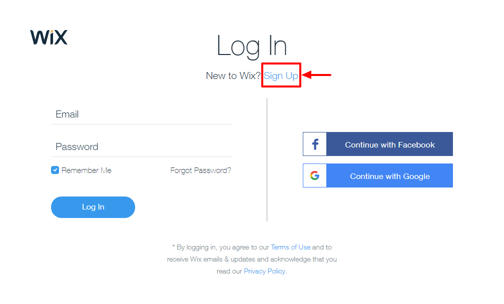 wix sign up page