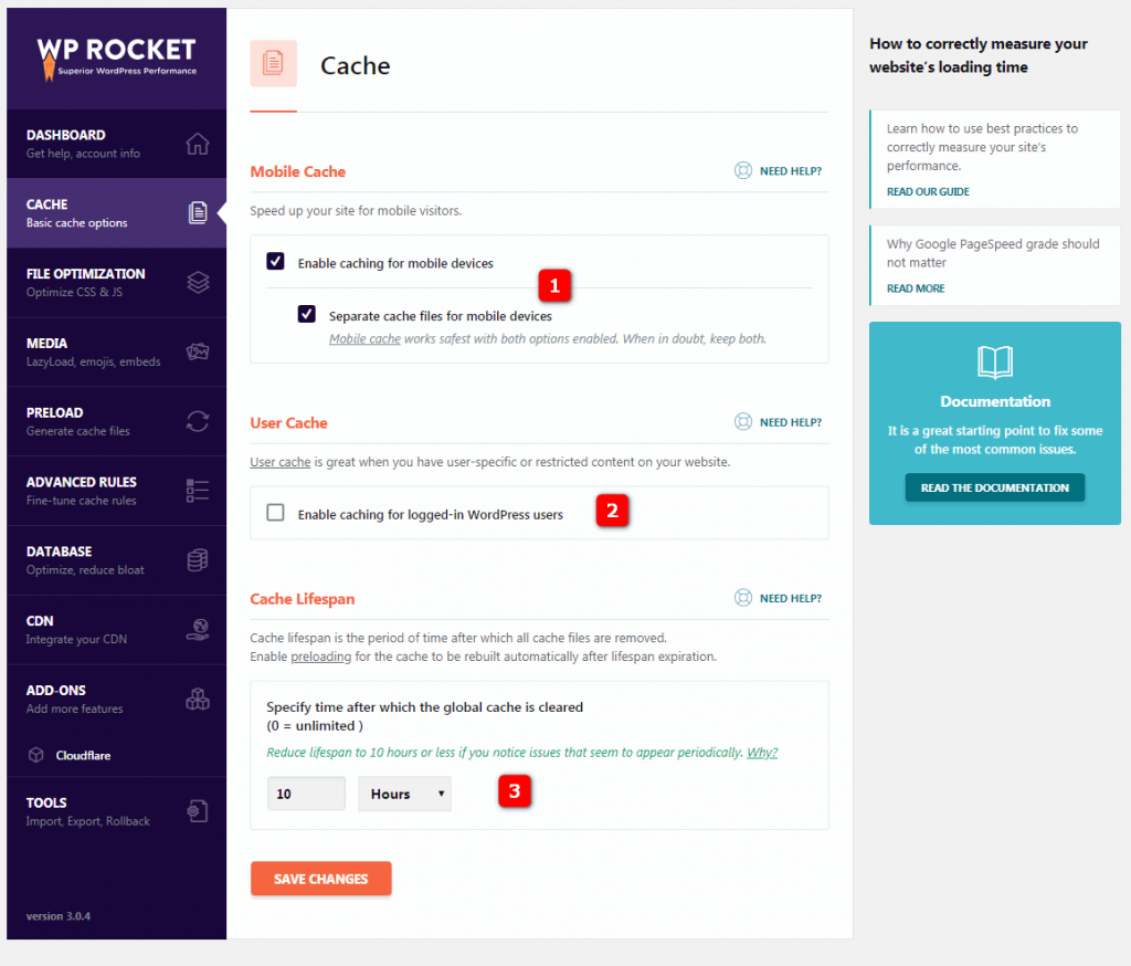 wp rocket cache settings