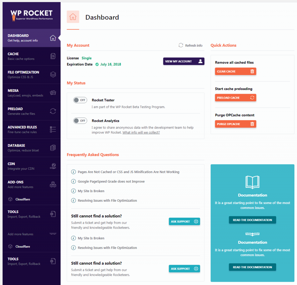 wp rocket dashboard