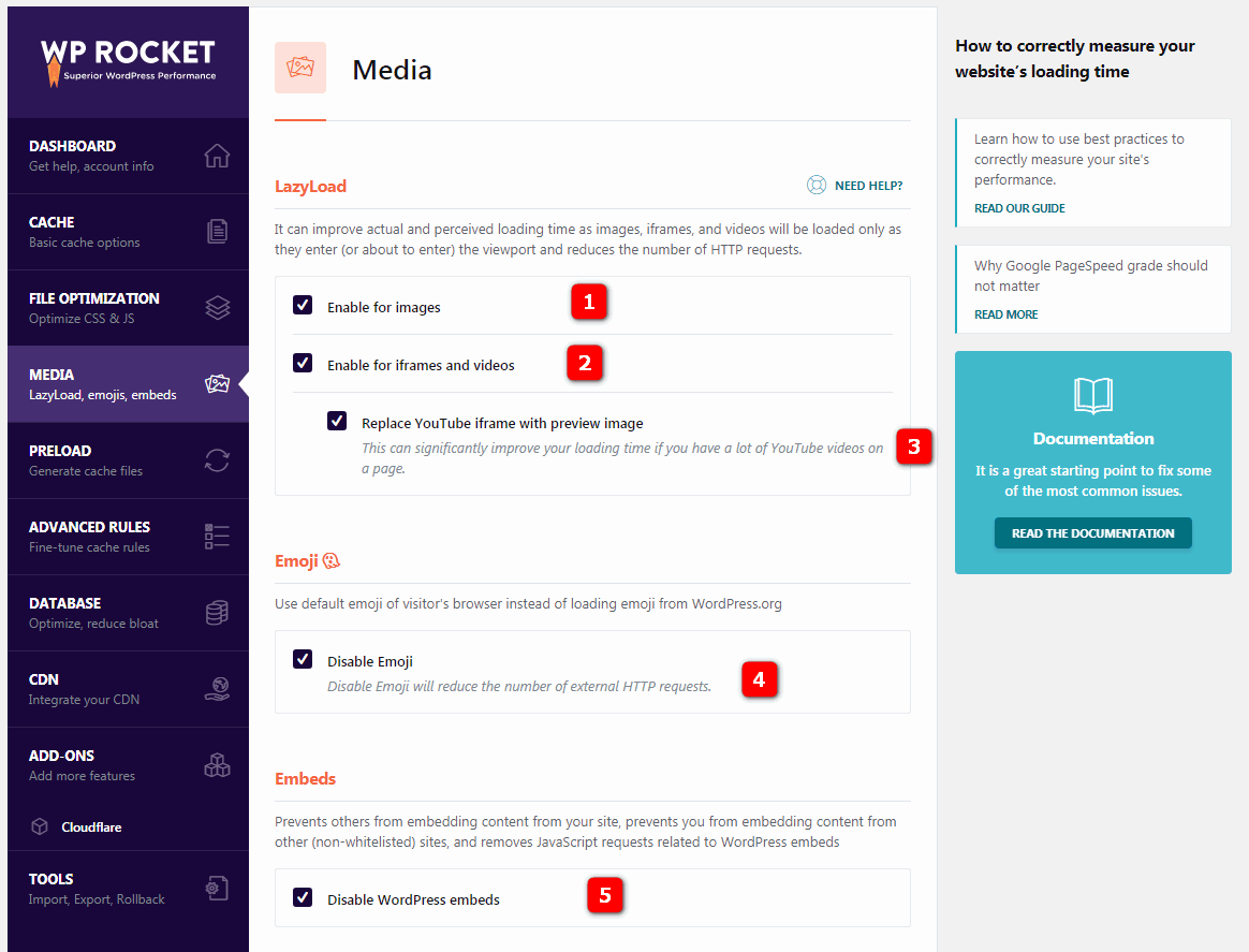 wp rocket media settings